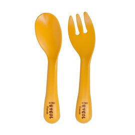 [I-BYEOL Friends]  Baby Self Spoon and Fork Yellow _ Toddler and Kids, Toddler Utensils, Microwave Dishwasher Safe, BPA Free, Made in Korea